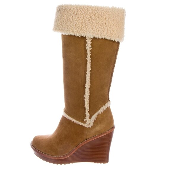 Ugg Australia Aubrie Tan Suede Shearling Lined Wedge Knee High Boots 7.5 Boho - Picture 1 of 14